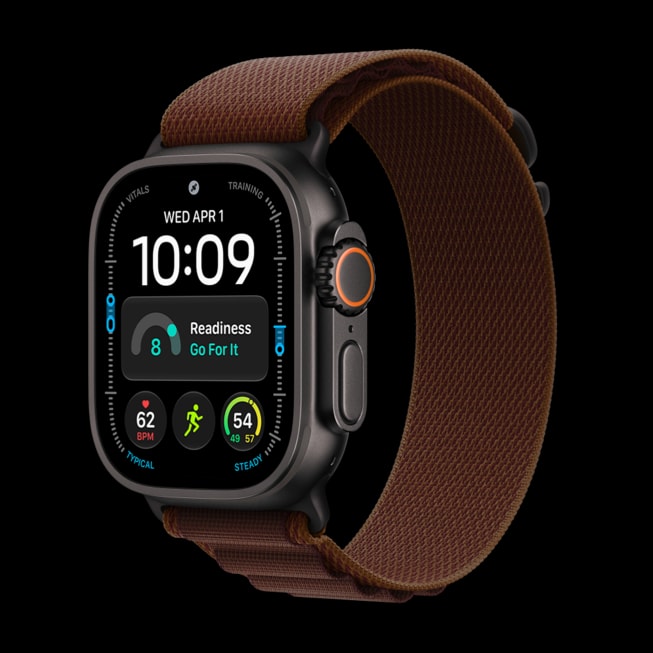 The Apple Watch Ultra 4 with a burgundy Alpine Loop.