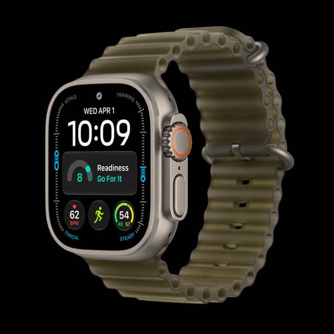 The translucent kelp Ocean Band pairs with the natural titanium case.
