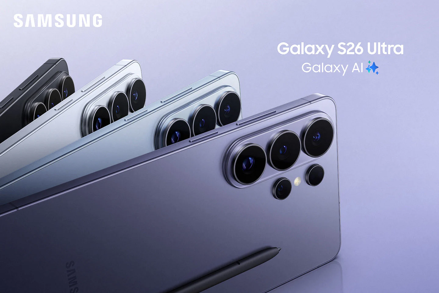 The Galaxy S26 Ultra leads the lineup, with a redesigned camera array and embedded S Pen.
