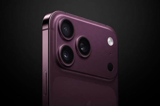 A close-up render of the iPhone 18 Pro camera system in Dark Cherry — the deep wine-red finish and redesigned back glass integration are clearly visible. (Image: via MacRumors / supply chain render)