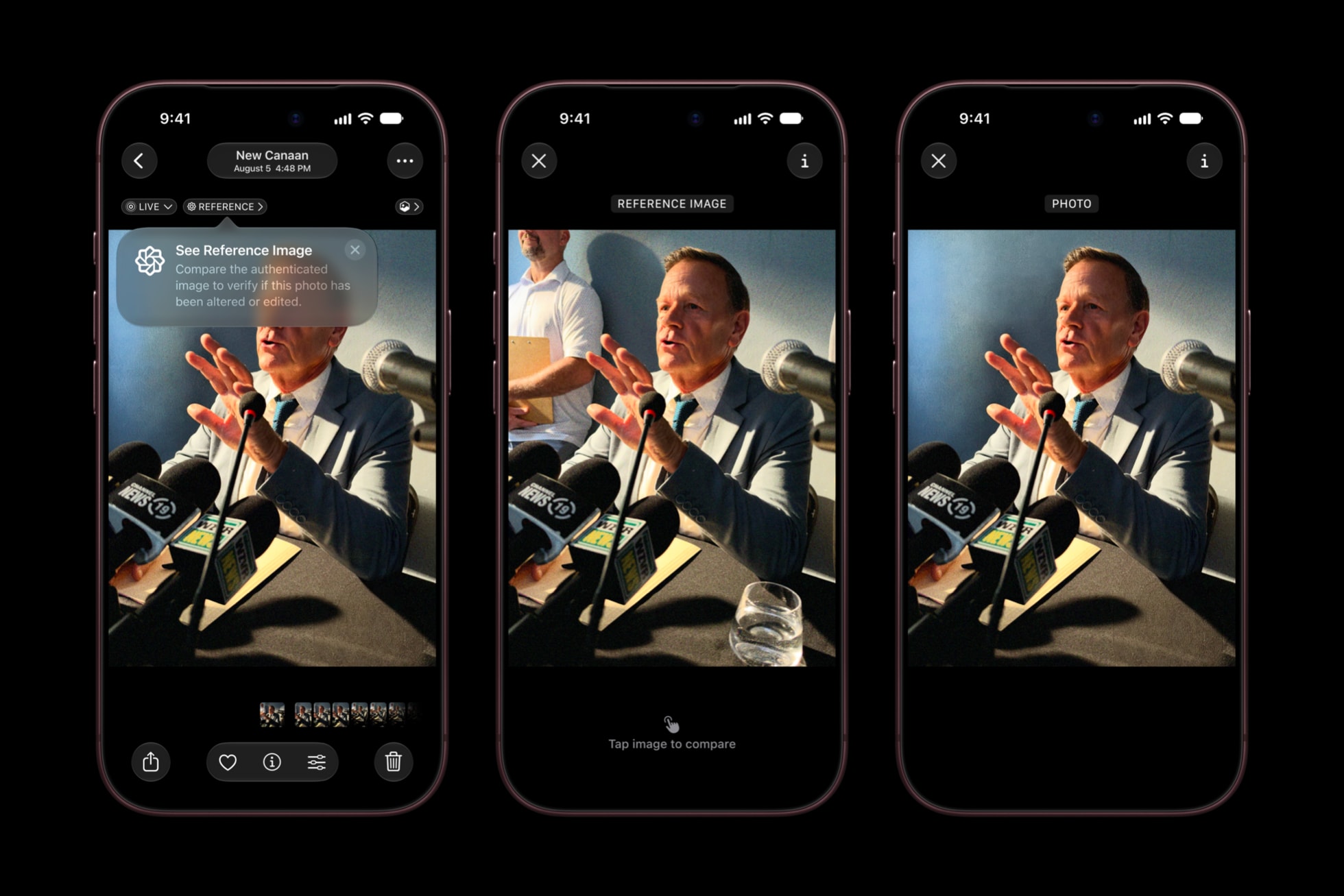 Apple Reference Image lets viewers compare an authenticated original capture with an edited photo.