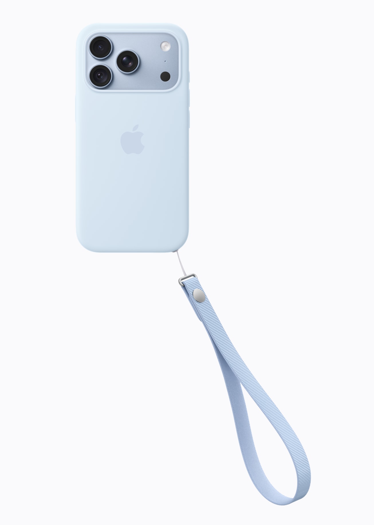 Apple's color-matched wrist strap accessory attached to a light blue iPhone 18 Pro case.