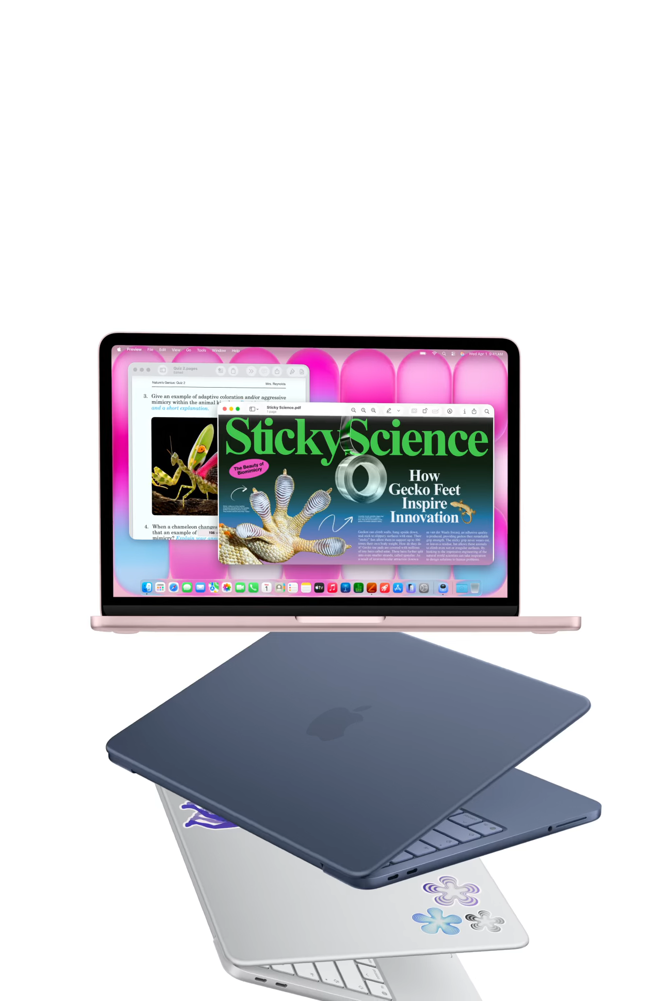 The MacBook Neo in Blush and Indigo — the sticker-friendly lids are a deliberate nod to the student market.