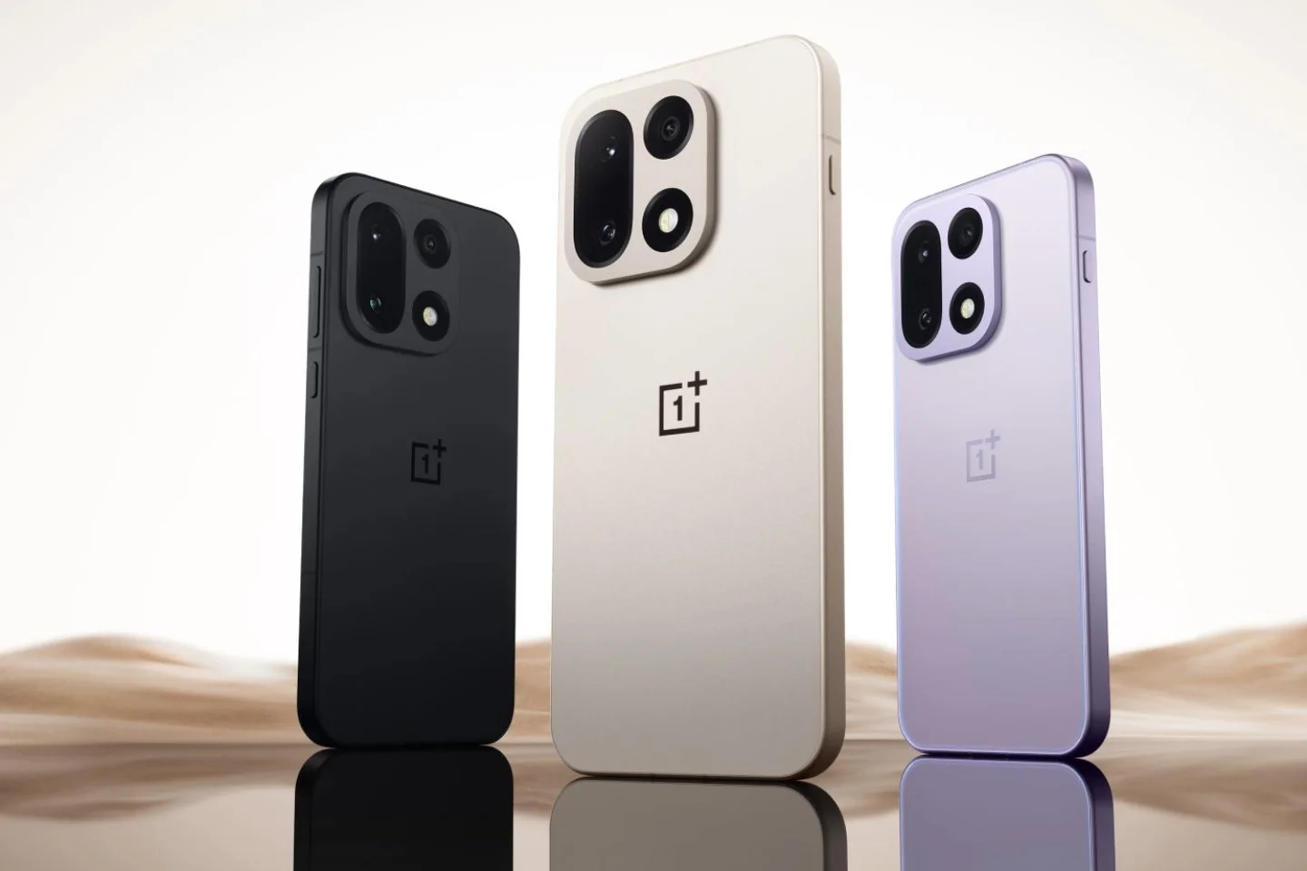 The OnePlus 15T in all three colorways: Midnight Black, Healing White Chocolate, and Dreamy Purple — China-only and inaccessible to Western buyers. (Image: OnePlus)