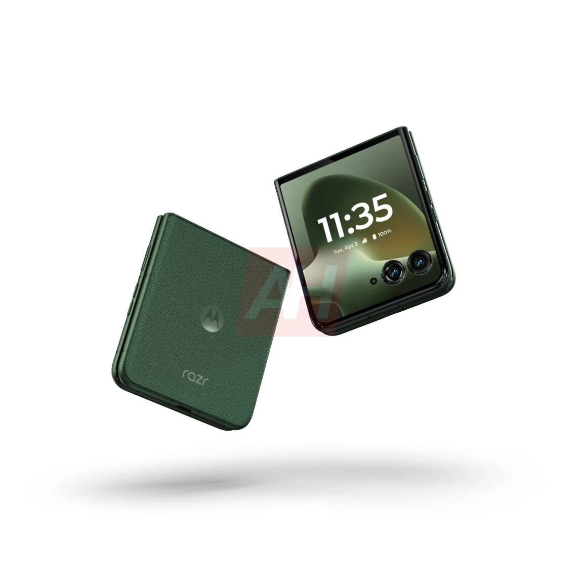 Razr+ 2026 folded — compact cover display and textile back panel in Olive Green.