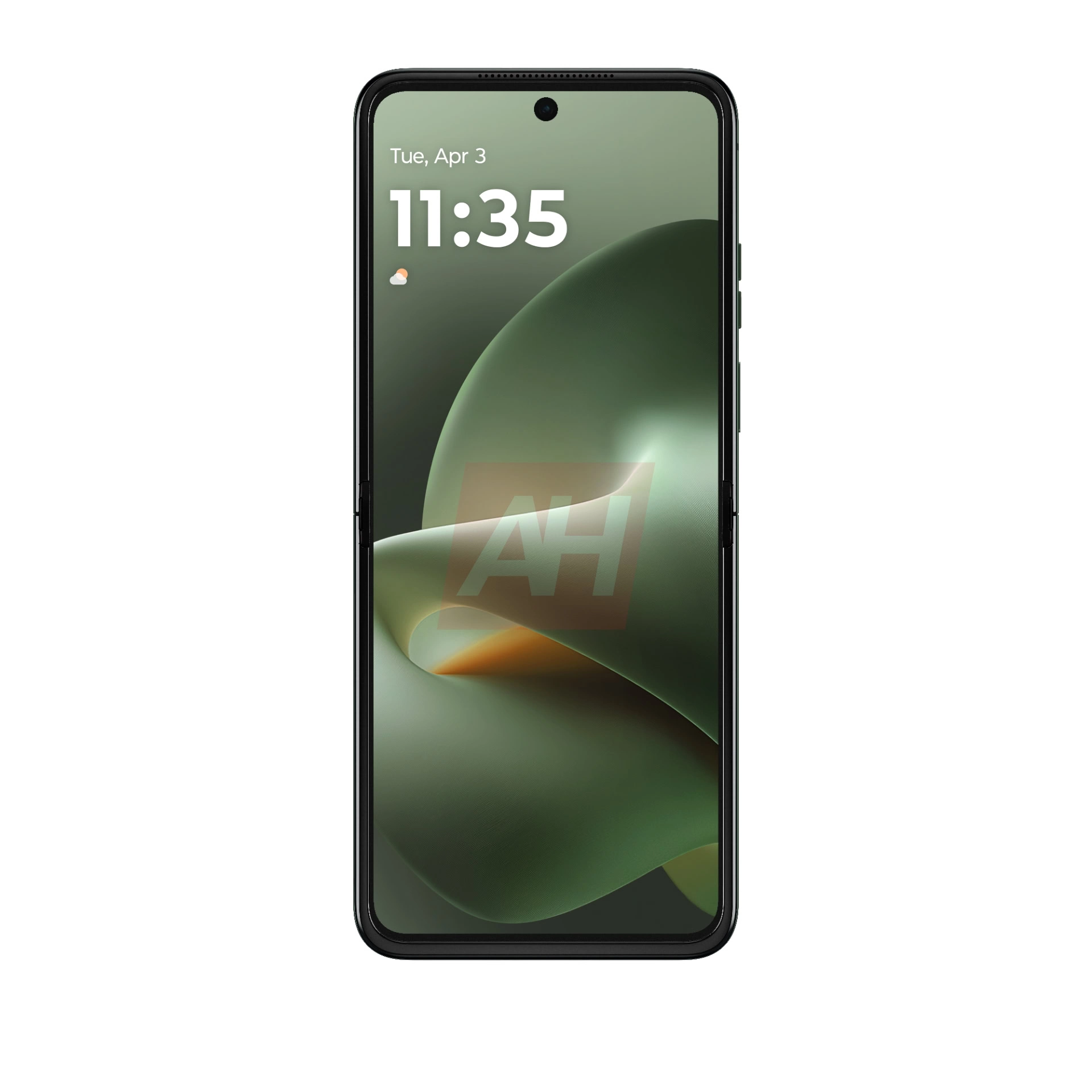 Razr+ 2026 fully open — the clean inner display in Olive Green.