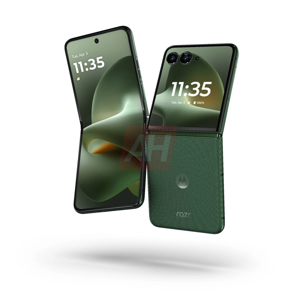 Razr+ 2026 in Olive Green — inner display open and cover screen visible, showing the 165Hz upgrade in practice.